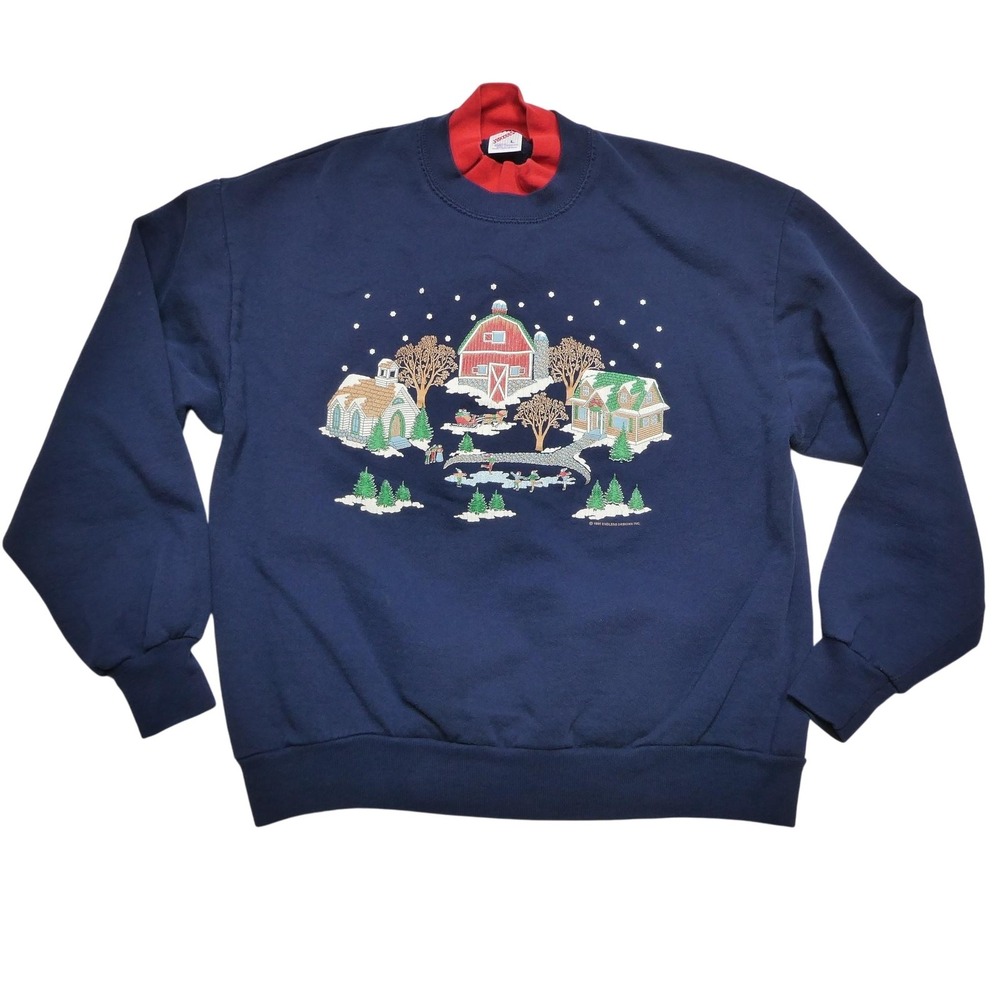 Vintage Jerzees Sweatshirt‎ Womens Large Winter Village Graphic Made in USA 90s